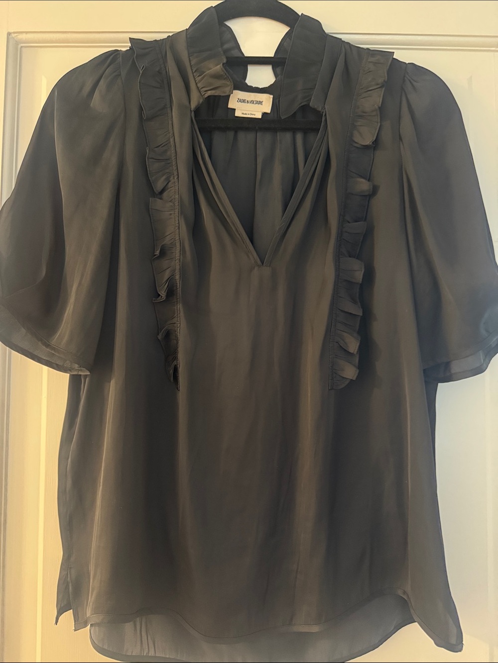 Zadig & Voltaire Black Silk Ruffle V-Neck Blouse